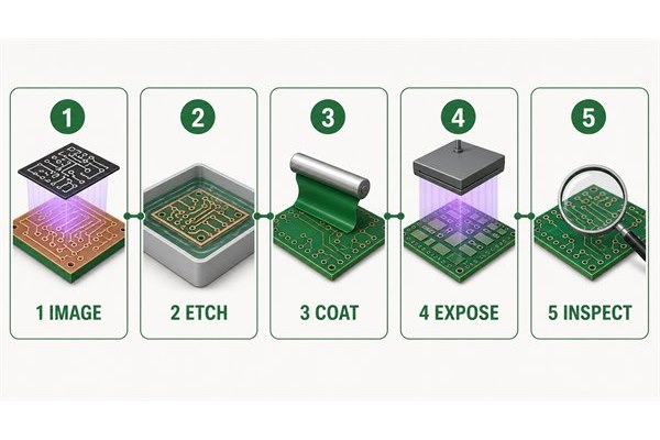 Selected green PCB imaging, etching, solder mask coating, exposure and inspection stages
