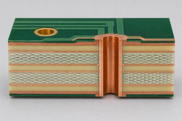 Cross-section of green PCB materials showing solder mask, copper and glass-reinforced laminate