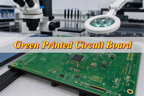 Green printed circuit board under inspection in an electronics quality lab