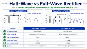 Half-wave and full-wave rectifier circuit diagrams, waveforms, ripple, efficiency, and application comparison