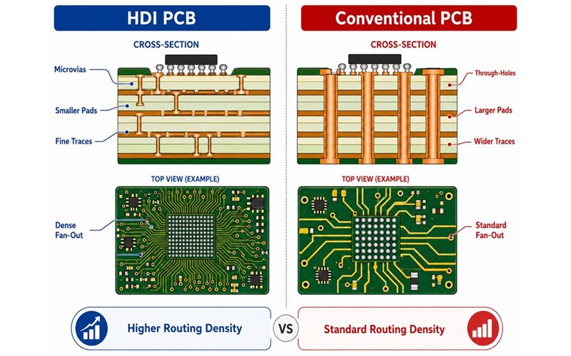 Comparison between HDI PCB and conventional multilayer PCB structures and BGA fan-out density