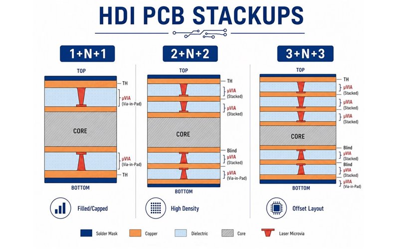 HDI PCB stackup comparison showing 1 plus N plus 1, 2 plus N plus 2, and 3 plus N plus 3 constructions
