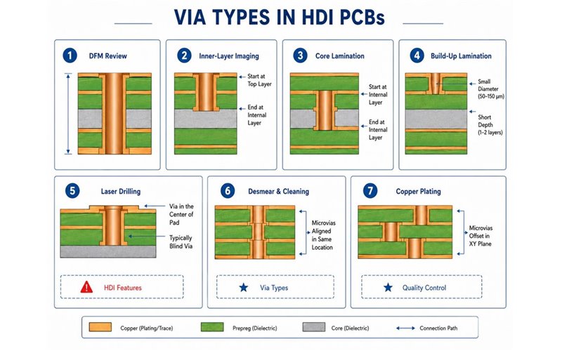Cross-section illustrations of via structures used in high-density interconnect printed circuit boards