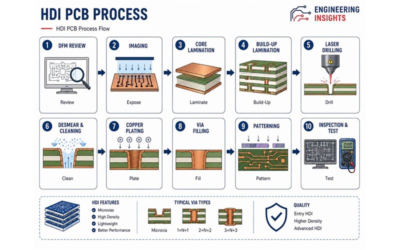 HDI PCB manufacturing process from DFM review and imaging to laser drilling, plating, via filling, patterning, and testing