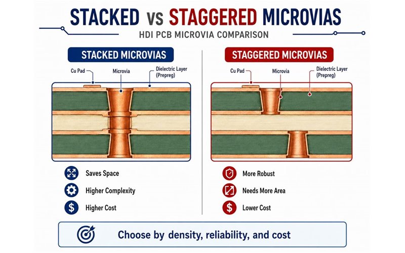 Comparison of stacked and staggered microvias in an HDI PCB cross-section
