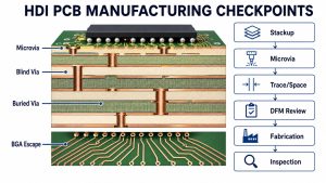 HDI PCB manufacturing checkpoints for microvia blind via buried via BGA escape DFM fabrication and inspection