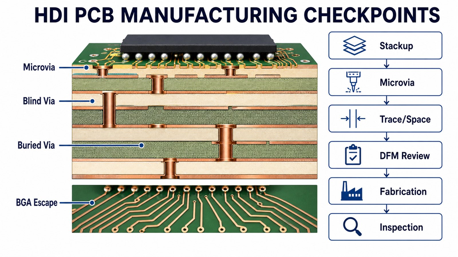 HDI PCB manufacturing checkpoints for microvia blind via buried via BGA escape DFM fabrication and inspection