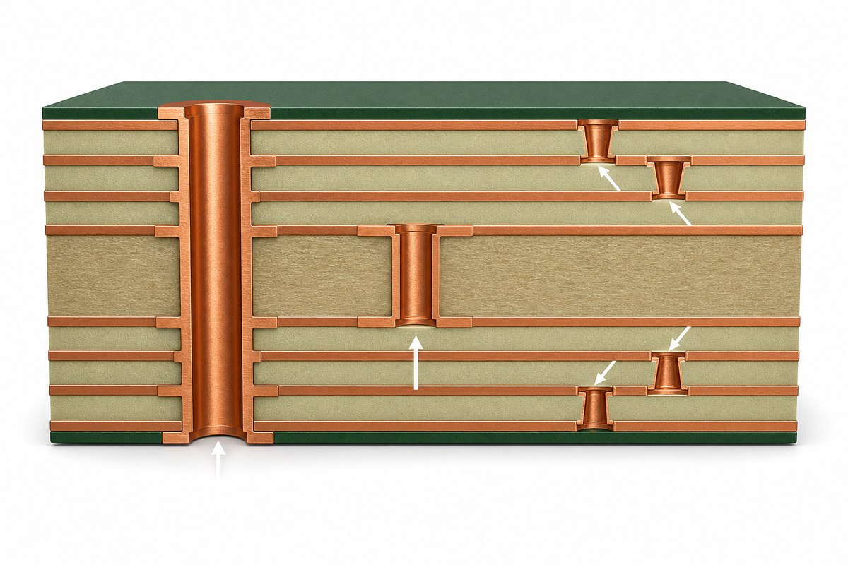 HDI PCB stackup cross-section showing build-up dielectrics and adjacent-layer microvias