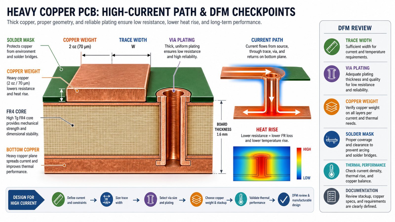 Heavy copper PCB current path copper weight trace width via plating heat rise and DFM review checkpoints