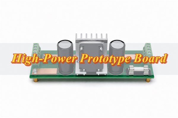 high-power prototype board for a passive rectifier with capacitors, copper busbars, fuse, and heat sink on a white background
