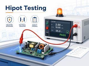 Hipot testing equipment connected to a PCB assembly on an electronics production test bench