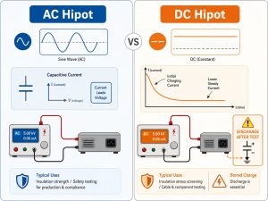 AC hipot testing versus DC hipot testing comparison with waveforms, current behavior, and discharge requirements