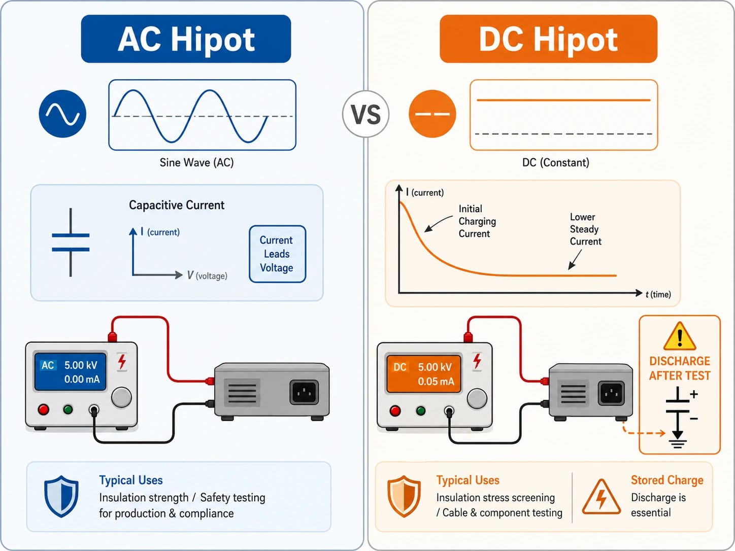 AC hipot testing versus DC hipot testing comparison with waveforms, current behavior, and discharge requirements