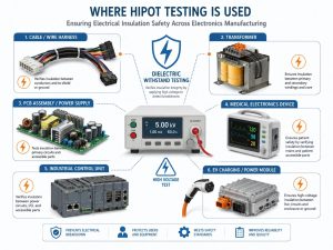 Applications of hipot testing in cable harnesses, transformers, PCB power supplies, medical devices, industrial controls, and EV power modules