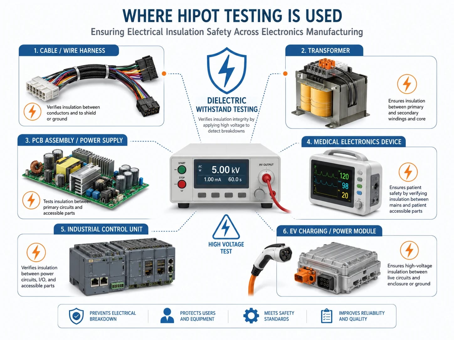 Applications of hipot testing in cable harnesses, transformers, PCB power supplies, medical devices, industrial controls, and EV power modules