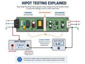Hipot testing principle showing high voltage applied across the primary and secondary isolation barrier