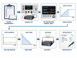 Hipot testing procedure from reviewing requirements and connecting the DUT to ramping, monitoring, discharge, and recording results