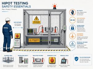 Guarded hipot testing station with safety interlock, emergency stop, automatic discharge, and residual voltage checks