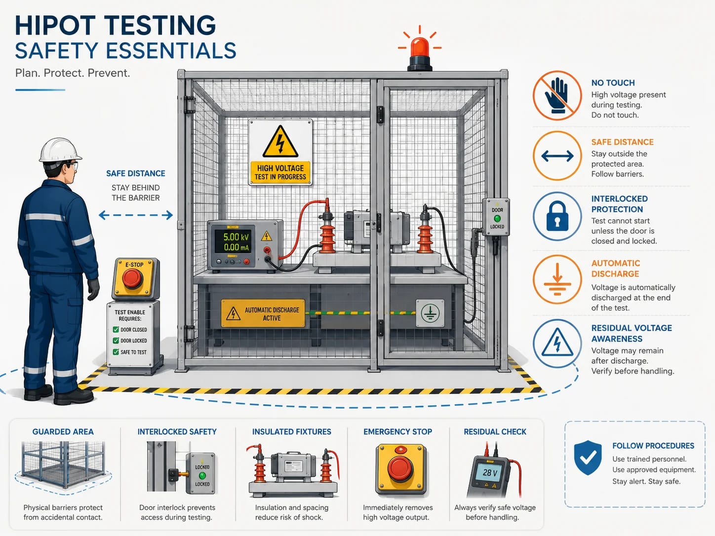 Guarded hipot testing station with safety interlock, emergency stop, automatic discharge, and residual voltage checks