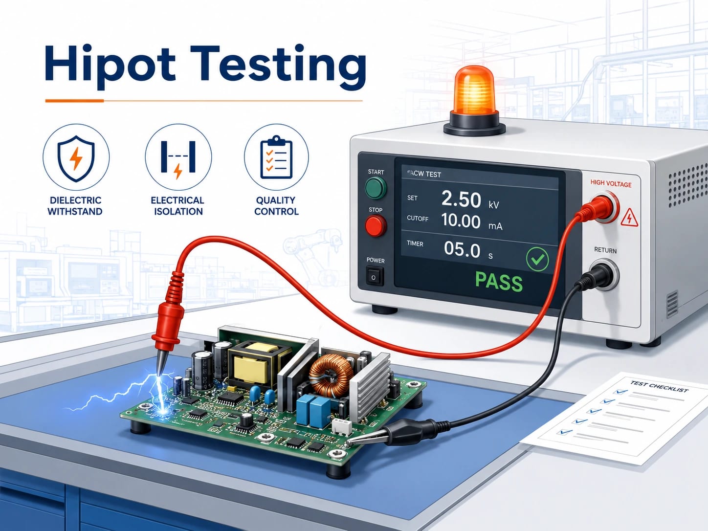 Hipot testing equipment connected to a PCB assembly on an electronics production test bench
