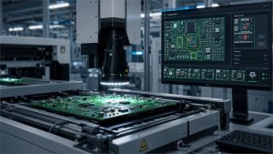 AOI inspection head scanning a PCB while software reviews detected defects