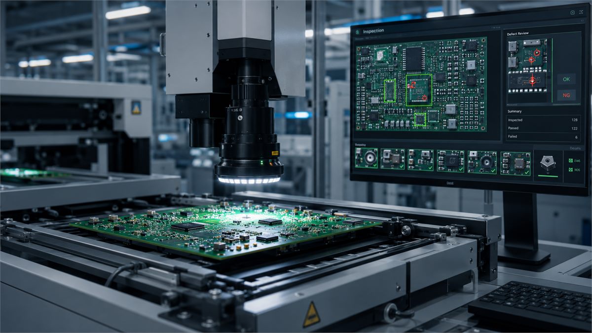 AOI inspection head scanning a PCB while software reviews detected defects