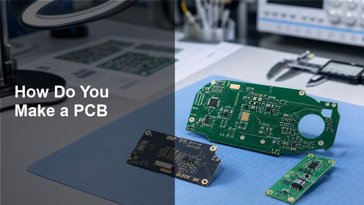 How Do You Make a PCB hero image with printed circuit boards on an engineering workbench