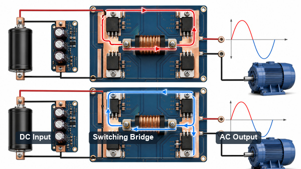 How an inverter switches a DC bus into alternating current