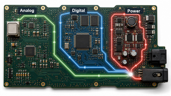 Analog digital and power ground return paths on a PCB
