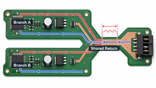 PCB ground bus showing shared return current and voltage drop