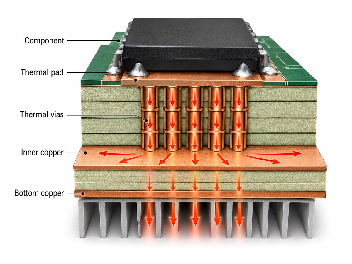 Cross-section showing heat flowing from a PCB component through a thermal pad, thermal vias, inner copper and bottom copper to a heat sink