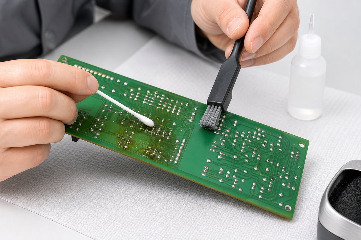 How to Clean PCB Board After Soldering with a swab and ESD-safe brush