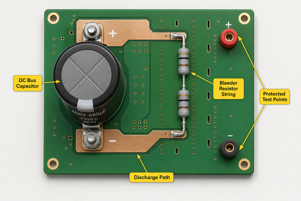 PCB layout with DC bus capacitor, bleeder resistor string and protected test points
