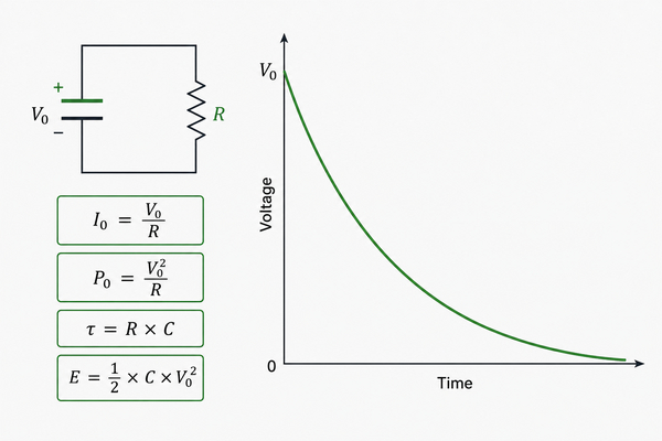 Capacitor discharge current, power, time constant and stored energy formulas