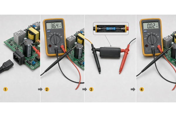Four-step controlled resistor method for discharging and verifying a capacitor