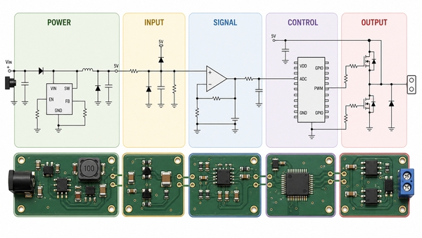 Electronic schematic divided into power input signal control and output blocks