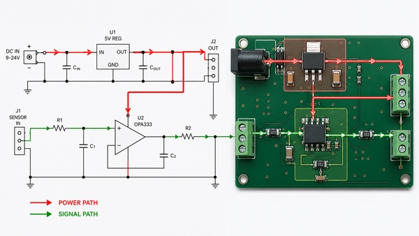 Power path and signal path traced from an electronic schematic to a PCB
