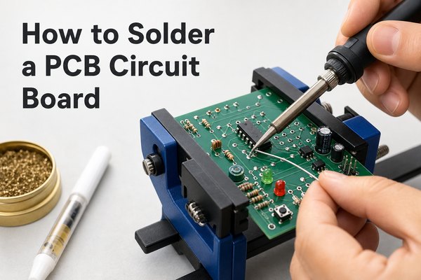 Hand soldering a through-hole component on a PCB circuit board
