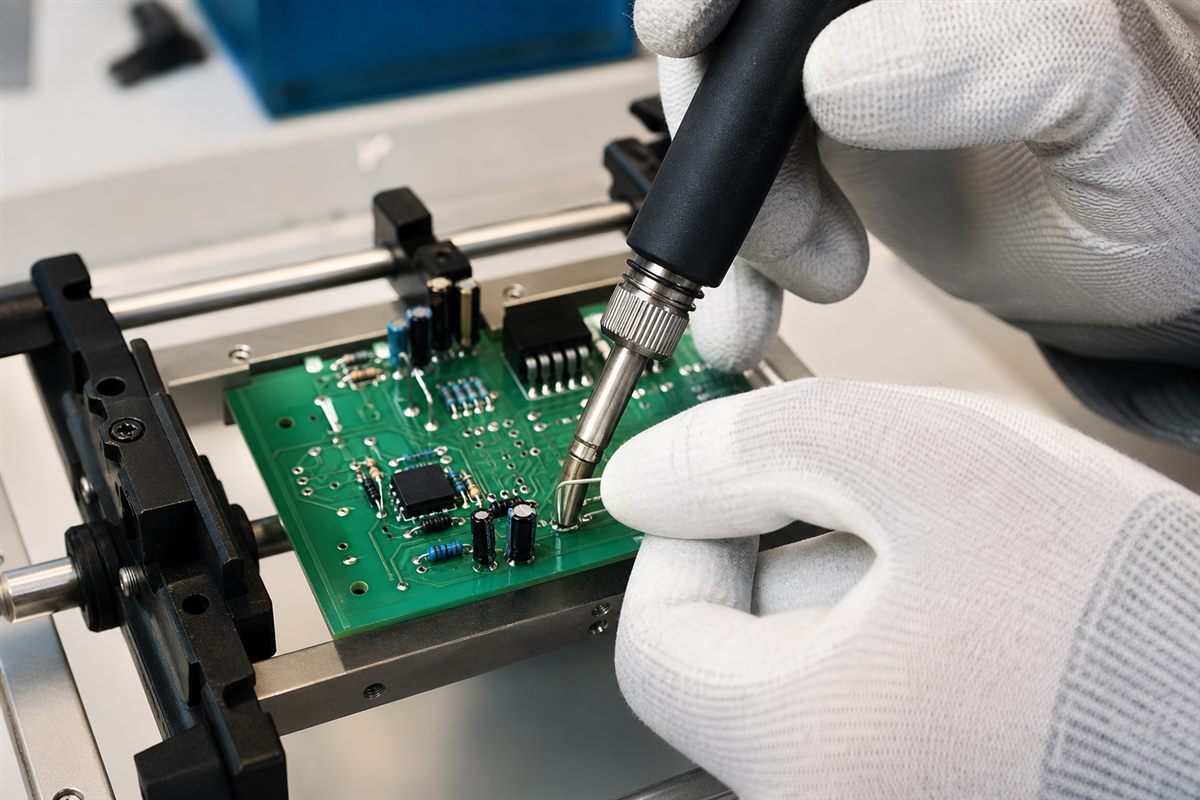 Technician holding a vacuum desoldering gun perpendicular to a supported through-hole PCB joint
