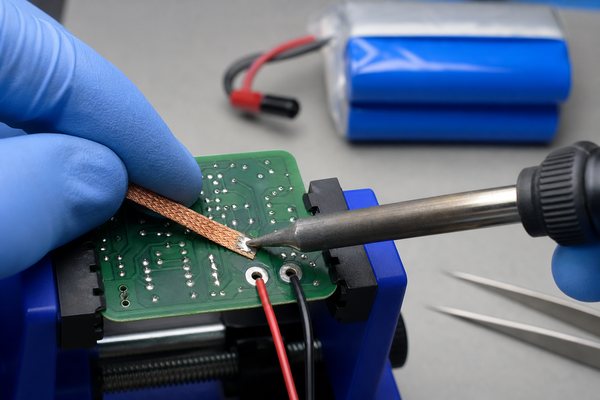 Desoldering wick removing solder from a PCB-side battery joint