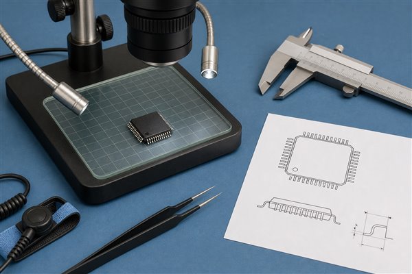 Engineer identifying IC package types by body leads pitch and orientation markings