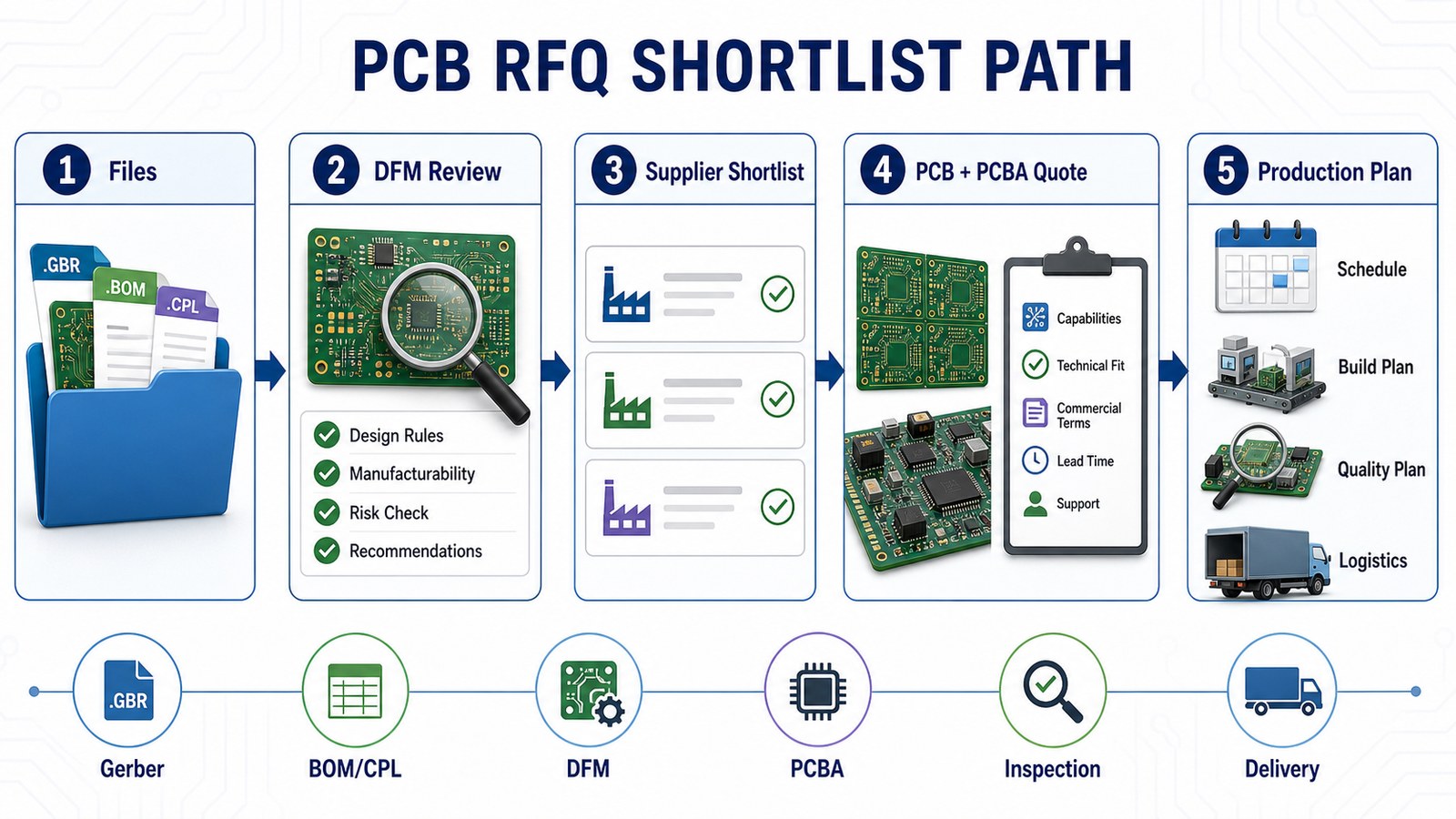 PCB RFQ shortlist path from Gerber BOM CPL DFM PCBA inspection to delivery