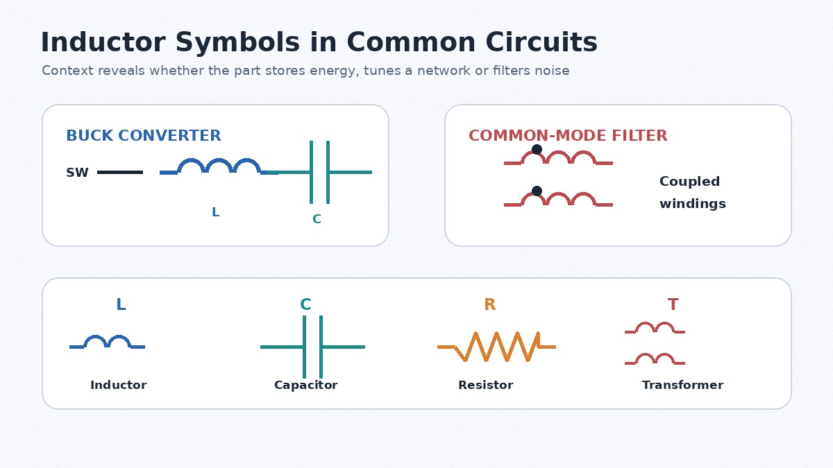 Inductor symbols in a buck converter and common-mode filter with passive component comparison
