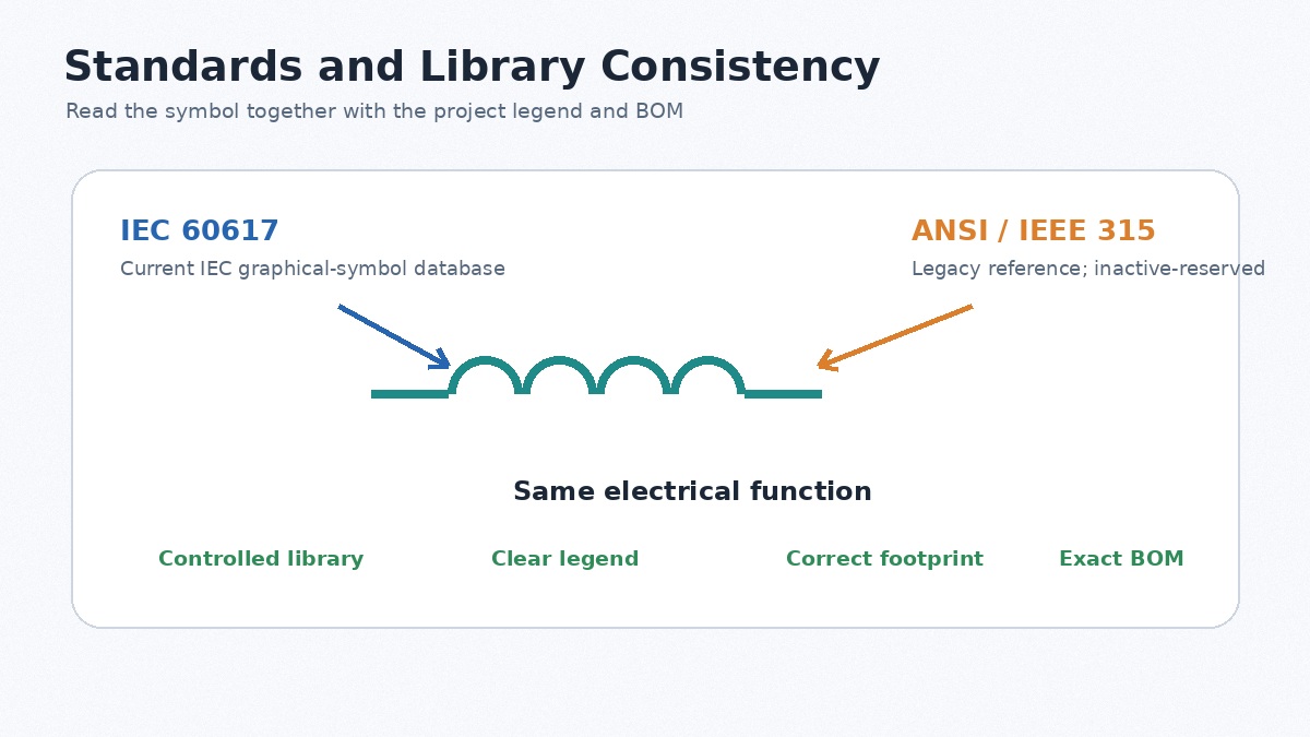 IEC 60617 and legacy ANSI IEEE symbol standards with library consistency guidance