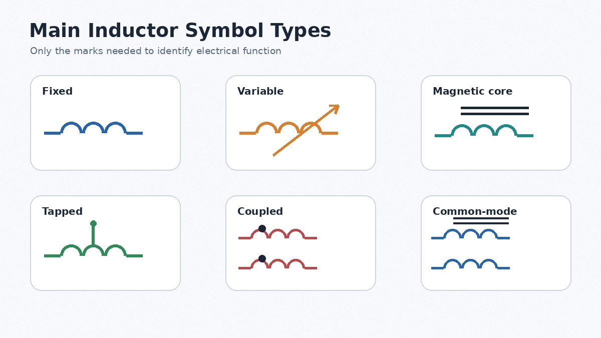 Fixed variable magnetic core tapped coupled and common-mode inductor symbols