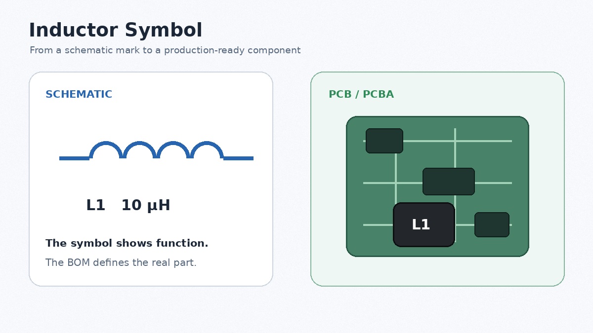 Inductor symbol beside an L1 component mounted on a PCB
