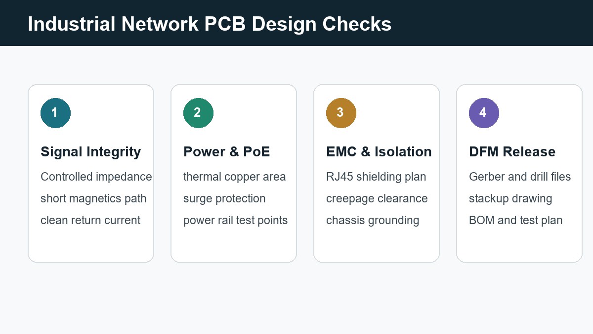 Industrial network PCB design checks for signal integrity, PoE, EMC isolation, and DFM release