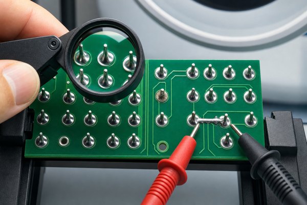 Magnified inspection of good PCB solder joints, a poorly wetted joint and a solder bridge