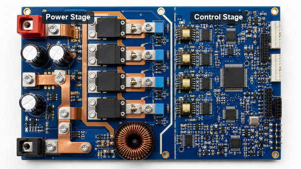 Inverter PCB power stage gate drive and control layout