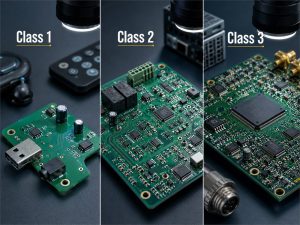 Visual comparison of IPC Class 1, Class 2, and Class 3 printed circuit boards